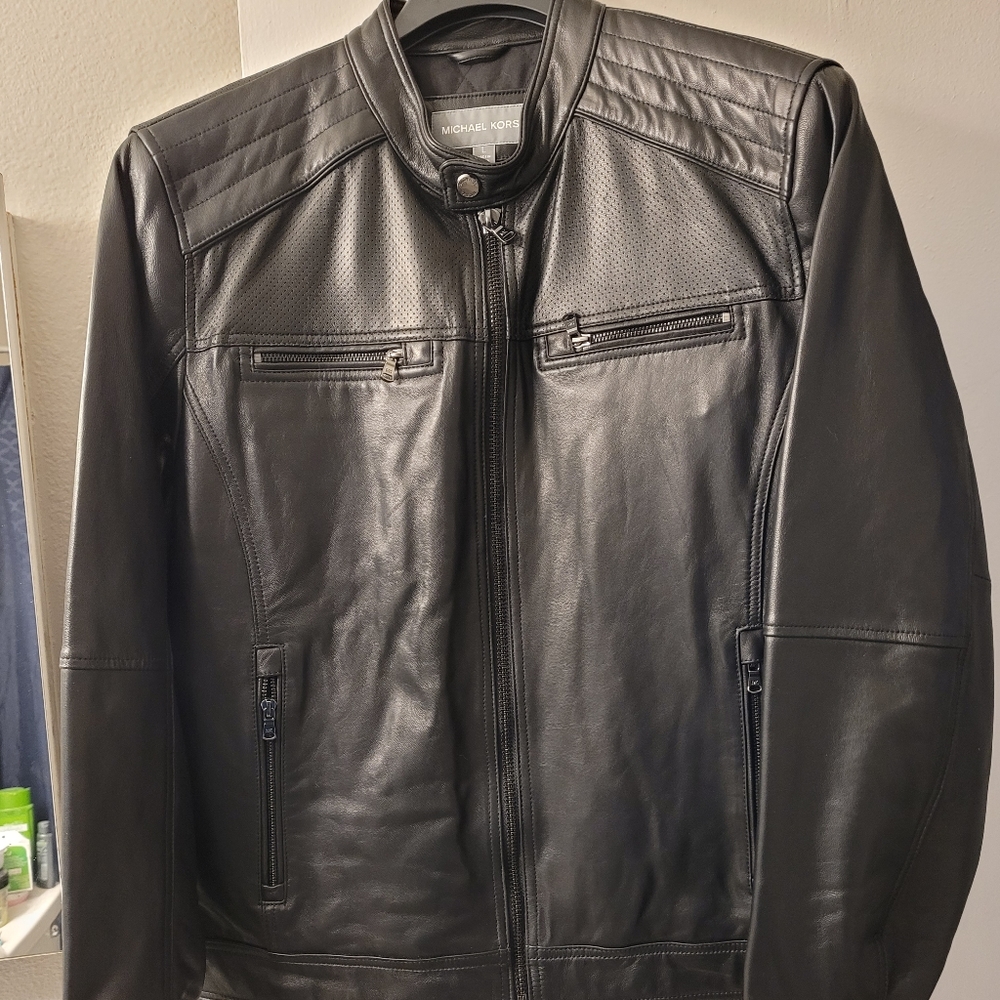 NWT Michael Kors Men's Black Leather Jacket - Large Size